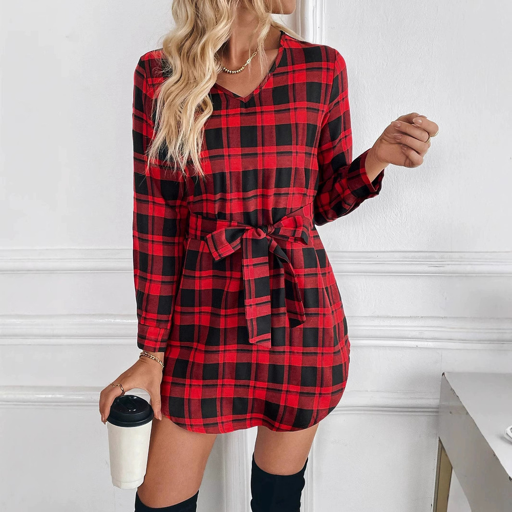 ZARA Elegant Plaid Long Sleeve Dress Spring Summer Tie Waist Bodycon Midi Women